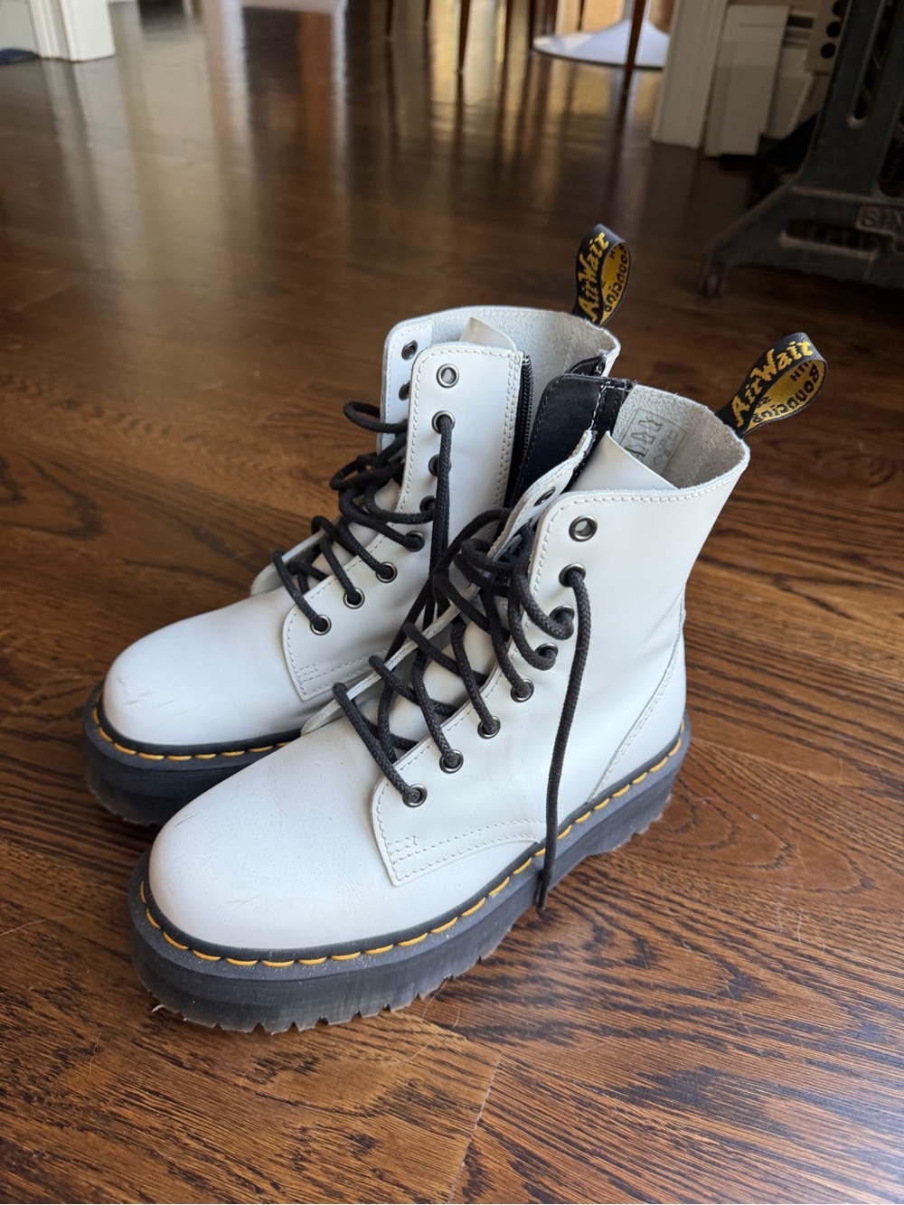 Dr. Martens White Leather Platform Combat Boots with Yellow Stitching